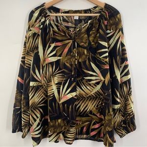 Old Navy Palms tie neck blouse long sleeve nwt Large black green